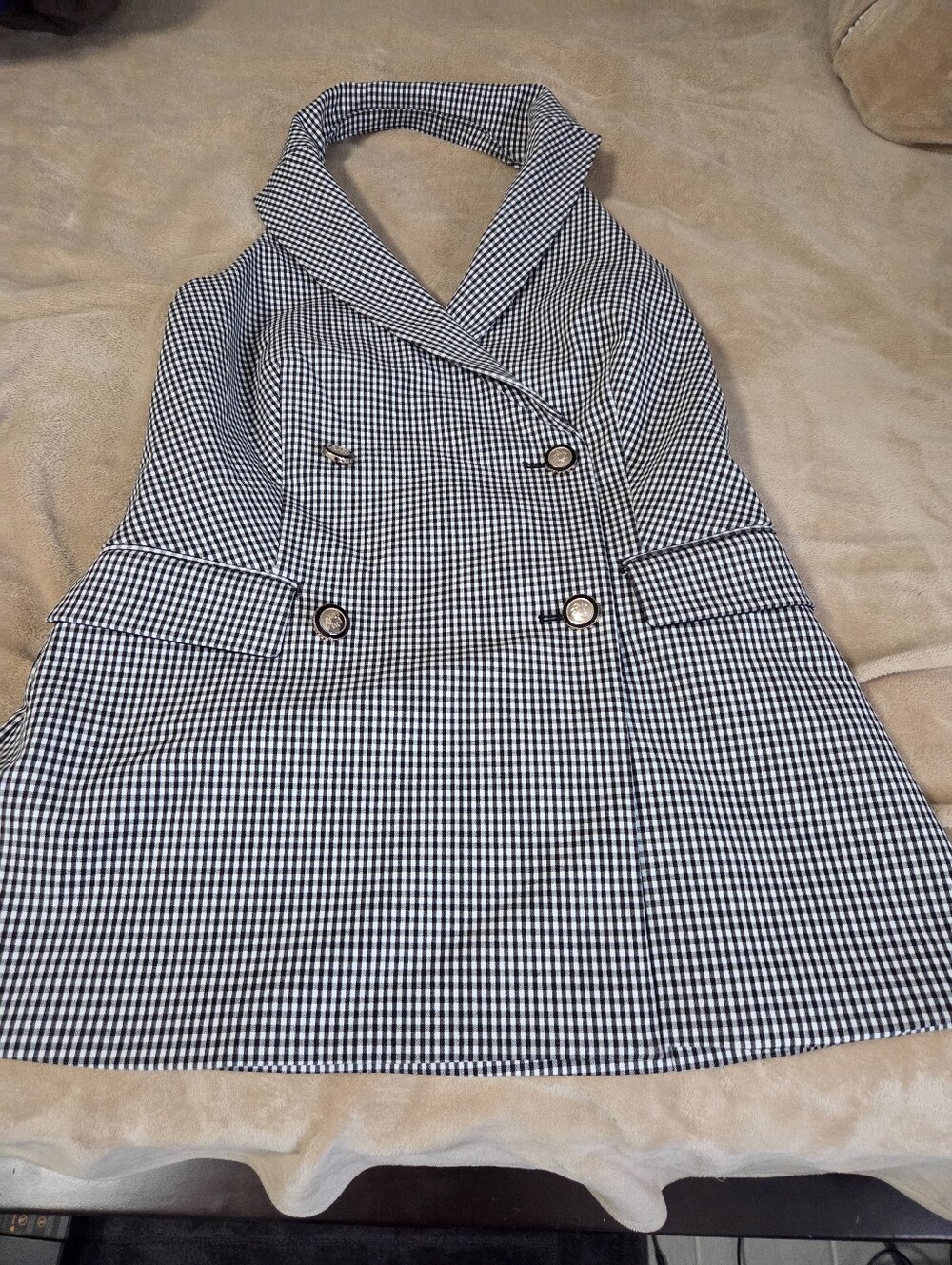 White House Black Market Black and White Gingham Halter Vest